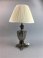 Lot 169 - A WHITE METAL TABLE LAMP AND A BRASS THREE BRANCH TABLE LAMP