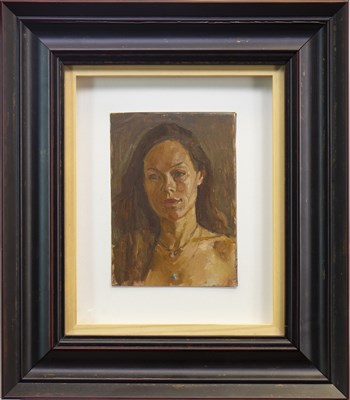 Lot 517 - GIRL WITH TURUOISE PENDANT, AN OIL BY DAVID CALDWELL