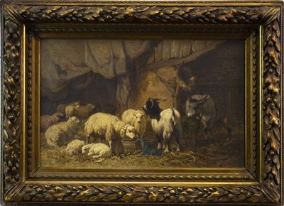 Lot 494 - SHEEP, DONKEY AND GOAT IN A BARN, AN OIL BY LOUIS ROBBE