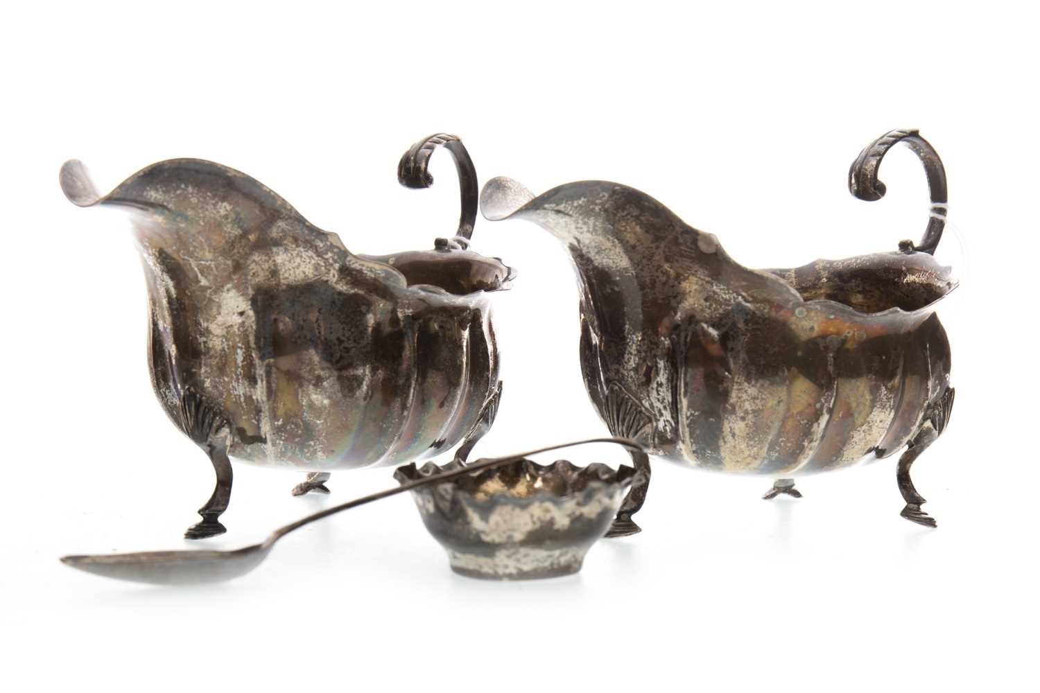Lot 819 - TWO SILVER SAUCE BOATS WITH TWO SILVER SPOONS AND A DISH
