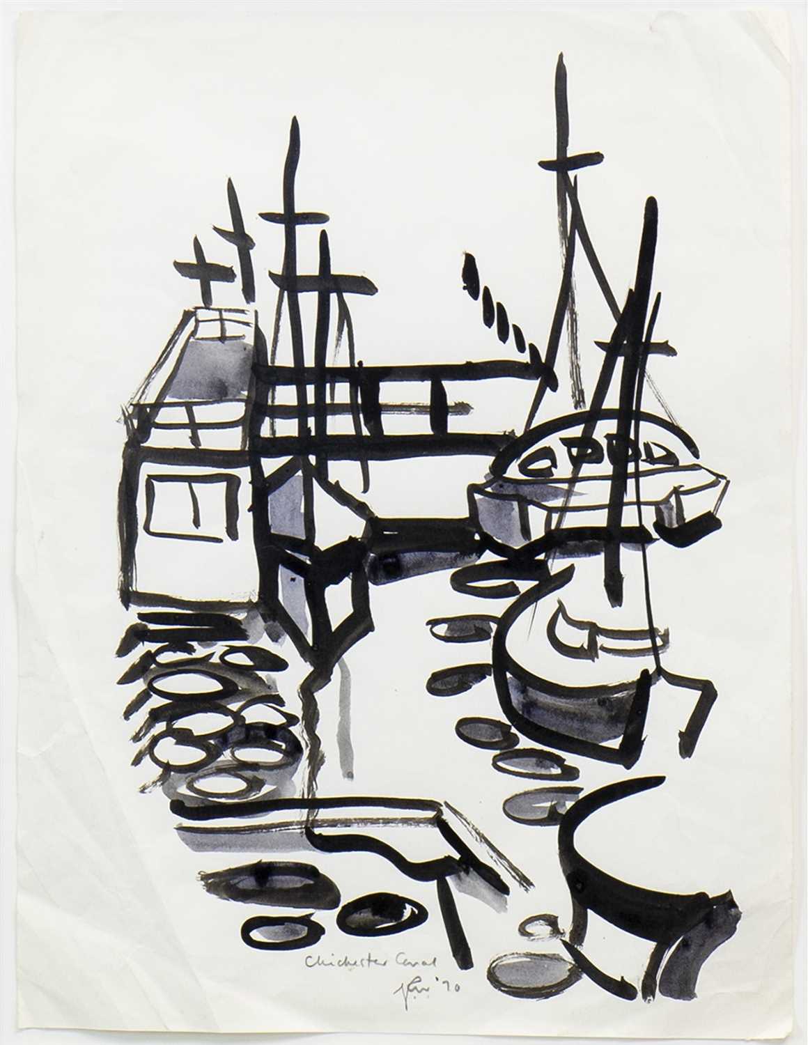 Lot 523 - CHICHESTER CANAL, AN INK AND WASH BY GEORGE WYLLIE