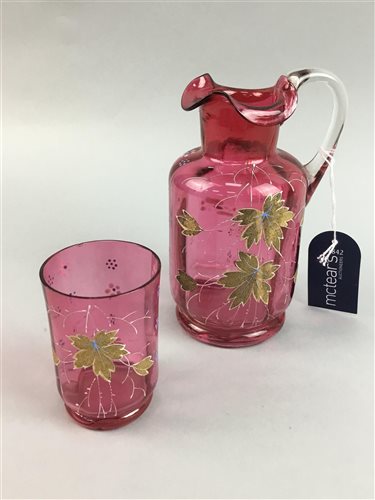 Lot 22 - A CRANBERRY GLASS JUG AND TUMBLER AND OTHER GLASS WARE