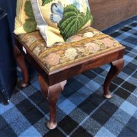 Lot 130 - A DRESSING STOOL WITH TAPESTRY SEAT AND THREE CUSHIONS