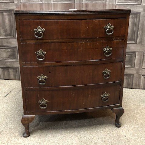 Lot 125 - A MAHOGANY BOW FRONT CHEST OF DRAWERS AND A SMALL OAK NEEDLEWORK TABLE