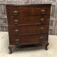 Lot 125 - A MAHOGANY BOW FRONT CHEST OF DRAWERS AND A SMALL OAK NEEDLEWORK TABLE