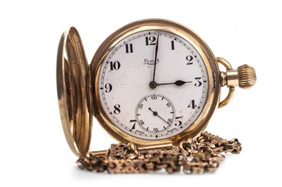 Lot 840 - A GOLD PLATED POCKET WATCH AND CHAIN