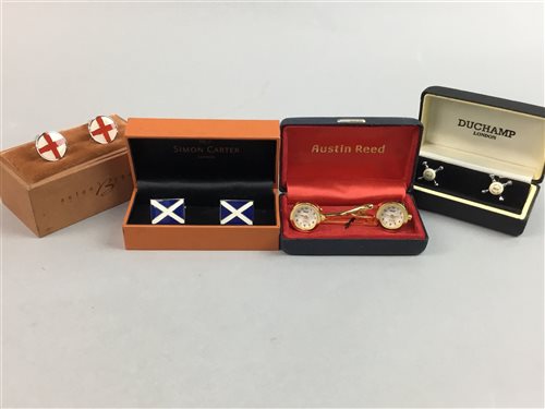 Lot 69 - A COLLECTION OF VARIOUS CUFFLINKS, A SEIKO WATCH AND A HIP FLASK