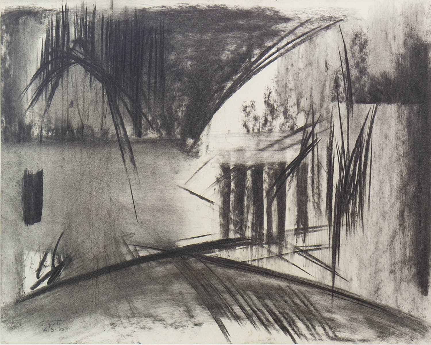 Lot 661 - LANDSCAPE WITH REEDS, CHARCOAL ON PAPER BY BRUCE TIPPETT