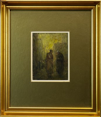 Lot 432 - FIGURES IN A STREET, AN OIL BY SHOLTO JOHNSTONE DOUGLAS