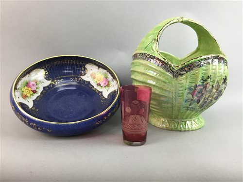 Lot 52 - A MASONIC CRANBERRY GLASS TUMBLER AND OTHER CERAMICS AND GLASS