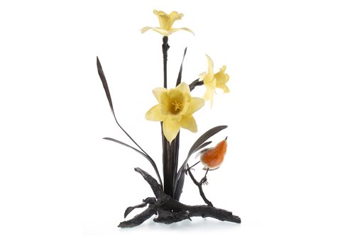 Lot 1128 - A ROYAL WORCESTER BRONZE FLORAL AND BIRD GROUP