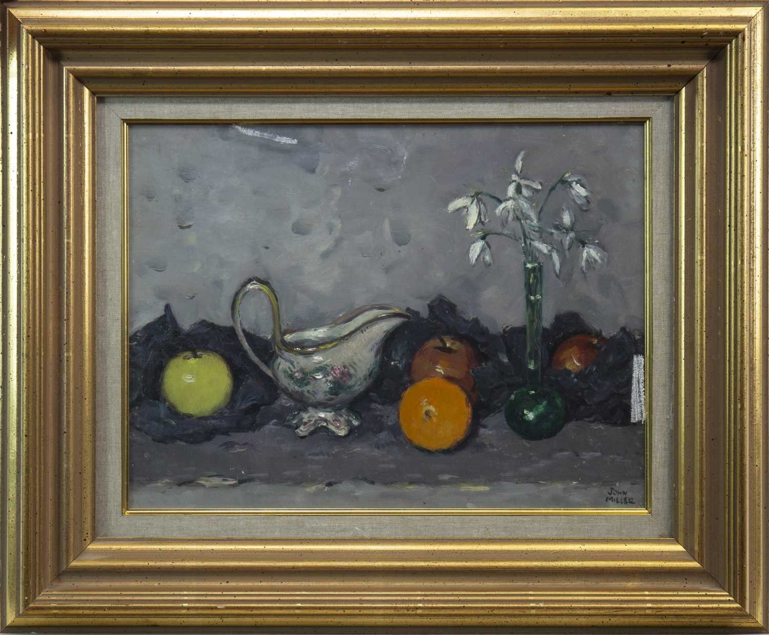 Lot 628 - SNOWDROPS AND FRUIT, AN OIL BY JOHN MULLEN