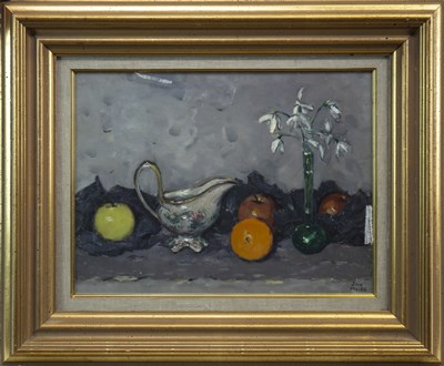 Lot 628 - SNOWDROPS AND FRUIT, AN OIL BY JOHN MULLEN