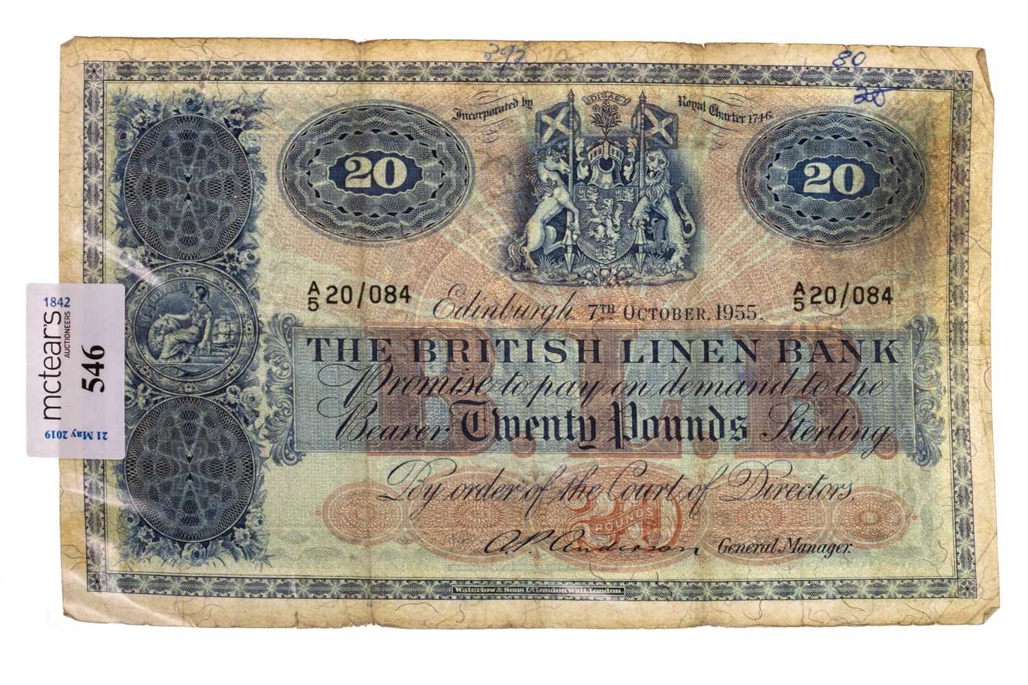Lot 626 - A BRITISH LINEN BANK £20 NOTE 1955
