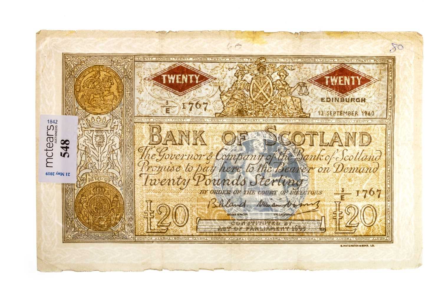 Lot 548 - A BANK OF SCOTLAND £20 NOTE 1960