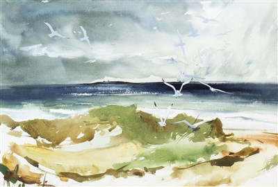 Lot 668 - GULLS ON THE COAST, A WATERCOLOUR BY JAMES HARRIGAN