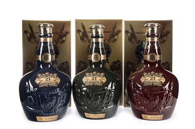 Lot 121 - CHIVAS REGAL ROYAL SALUTE 21 YEARS OLD RUBY, EMERALD & SAPPHIRE FLAGONS