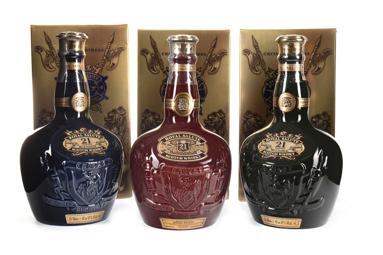 Lot 140 - CHIVAS REGAL ROYAL SALUTE 21 YEARS OLD RUBY, EMERALD & SAPPHIRE FLAGONS
