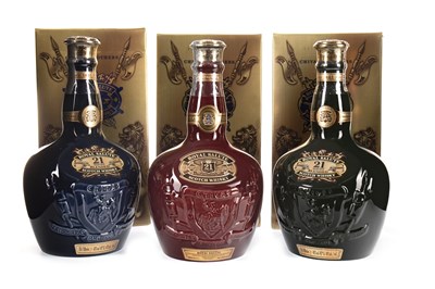Lot 416 - CHIVAS REGAL ROYAL SALUTE 21 YEARS OLD RUBY, EMERALD & SAPPHIRE FLAGONS