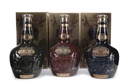 Lot 425 - CHIVAS REGAL ROYAL SALUTE 21 YEARS OLD RUBY, EMERALD & SAPPHIRE FLAGONS