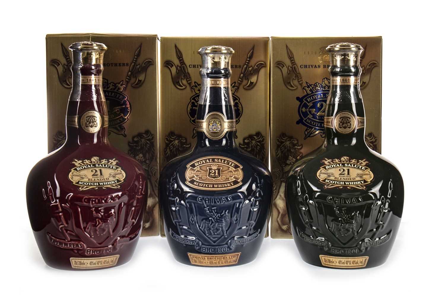 Lot 150 - CHIVAS REGAL ROYAL SALUTE 21 YEARS OLD RUBY, EMERALD & SAPPHIRE FLAGONS