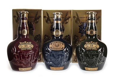 Lot 150 - CHIVAS REGAL ROYAL SALUTE 21 YEARS OLD RUBY, EMERALD & SAPPHIRE FLAGONS