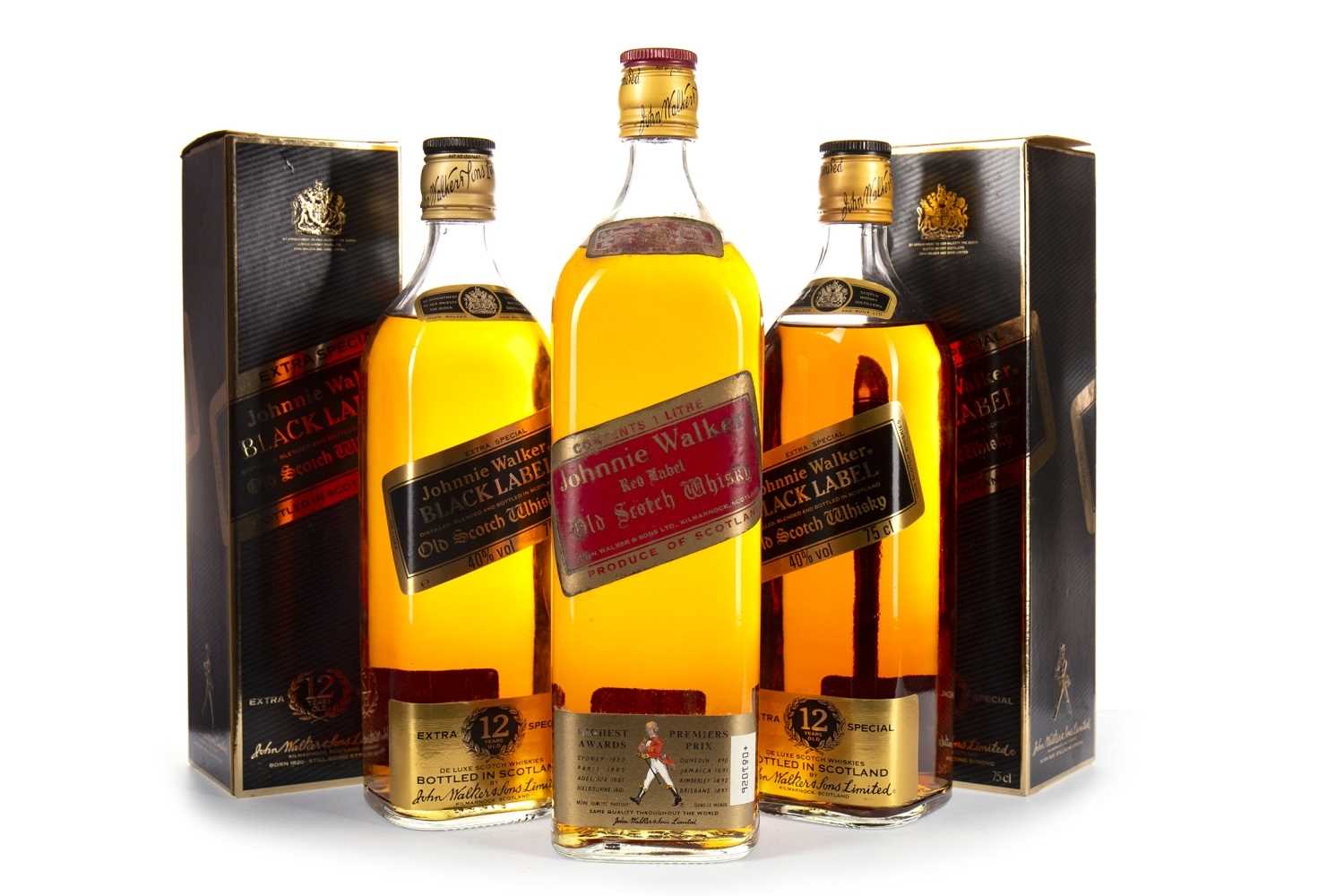 Lot 440 - TWO BOTTLES OF JOHNNIE WALKER BLACK LABEL, AND ONE LITRE OF JOHNNIE WALKER RED