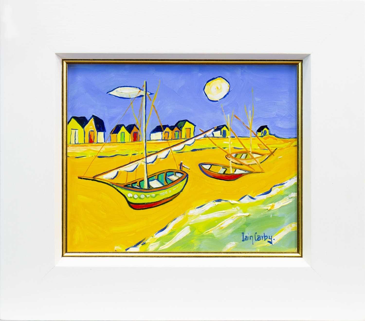 Lot 641 - FISHING BOATS AT CADAQUES, AN OIL BY IAIN CARBY