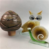 Lot 152 - AN ARGYLL POTTERY ACORN AND TWO GLASS SCULPTURES