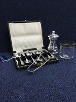 Lot 161 - A SET OF SIX SILVER TEASPOONS, SILVER SUGAR TONGS, SILVER TOPPED JAR AND PEPPER MILL
