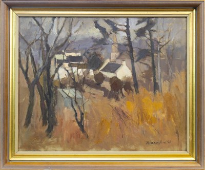 Lot 614 - EAGLESHAM COTTAGES, AN OIL BY SHEILA MACMILLAN