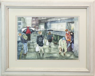 Lot 620 - BYRES ROAD BROLLIES, A WATERCOLOUR BY AVRIL PATON