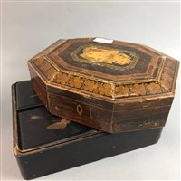 Lot 294 - A CHINESE LACQUERED BOX, ANOTHER BOX AND A TABLE LAMP
