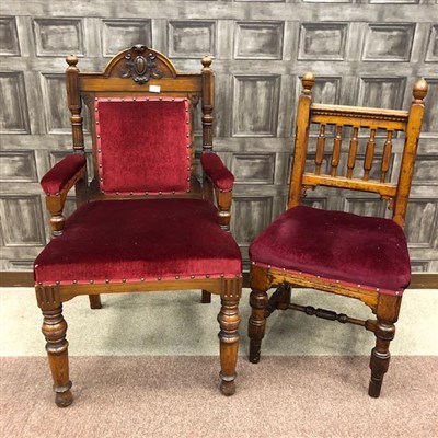Lot 873 - A LATE 19TH CENTURY PITCH PINE ARMCHAIR AND THREE OTHERS