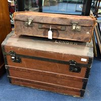 Lot 197 - TWO TRAVEL TRUNKS, GLADSTONE BAG AND LEATHER SUITCASE