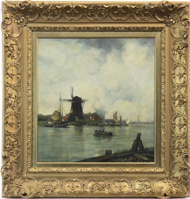 Lot 443 - ESTUARY WITH BOATS AND WINDMILL, AN OIL BY A VAN HELST