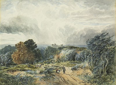 Lot 446 - FIGURE ON A COUNTRY PATH WITH CASTLE IN DISTANCE, A WATERCOLOUR BY SAMUEL BOUGH