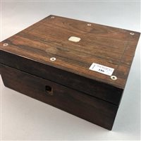 Lot 186 - AN INLAID ROSEWOOD PORTABLE WRITING DESK AND A TEA CADDY