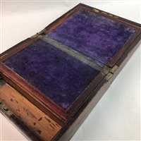 Lot 186 - AN INLAID ROSEWOOD PORTABLE WRITING DESK AND A TEA CADDY