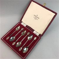 Lot 220 - A LOT OF TWO SETS OF SILVER COFFEE SPOONS AND SET OF SILVER HANDLED KNIVES