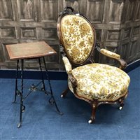 Lot 227 - A VICTORIAN WALNUT OPEN ARMCHAIR AND AN OCCASIONAL TABLE