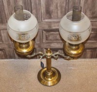 Lot 1225 - BRASS DOUBLE OIL LAMP with two cast scrolling...