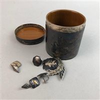 Lot 333 - A SIAMESE SILVER CYLINDRICAL BOX, SILVER BROOCH, CUFFLINKS AND EARRINGS