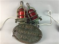 Lot 350 - A PAIR OF BRASS PENDANT LIGHTS AND AN LNER PLAQUE