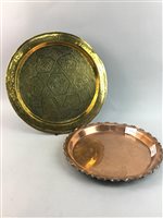 Lot 410 - A BRASS TRAY, COPPER TRAY, BRASS FIGURES AND SALT AND PEPPER SHAKERS