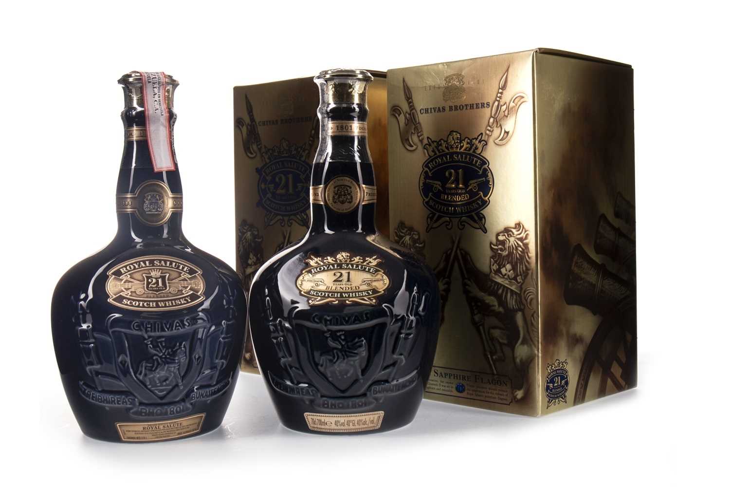 Lot 472 - TWO CHIVAS REGAL ROYAL SALUTE 21 YEARS OLD SAPPHIRE FLAGONS