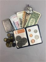 Lot 243 - A SILVER CARD CASE, POCKET WATCH AND COINS AND BANKNOTES