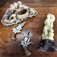 Lot 257 - A LOT OF TWO CHINESE SOAPSTONE ITEMS AND TWO MODEL PISTOLS