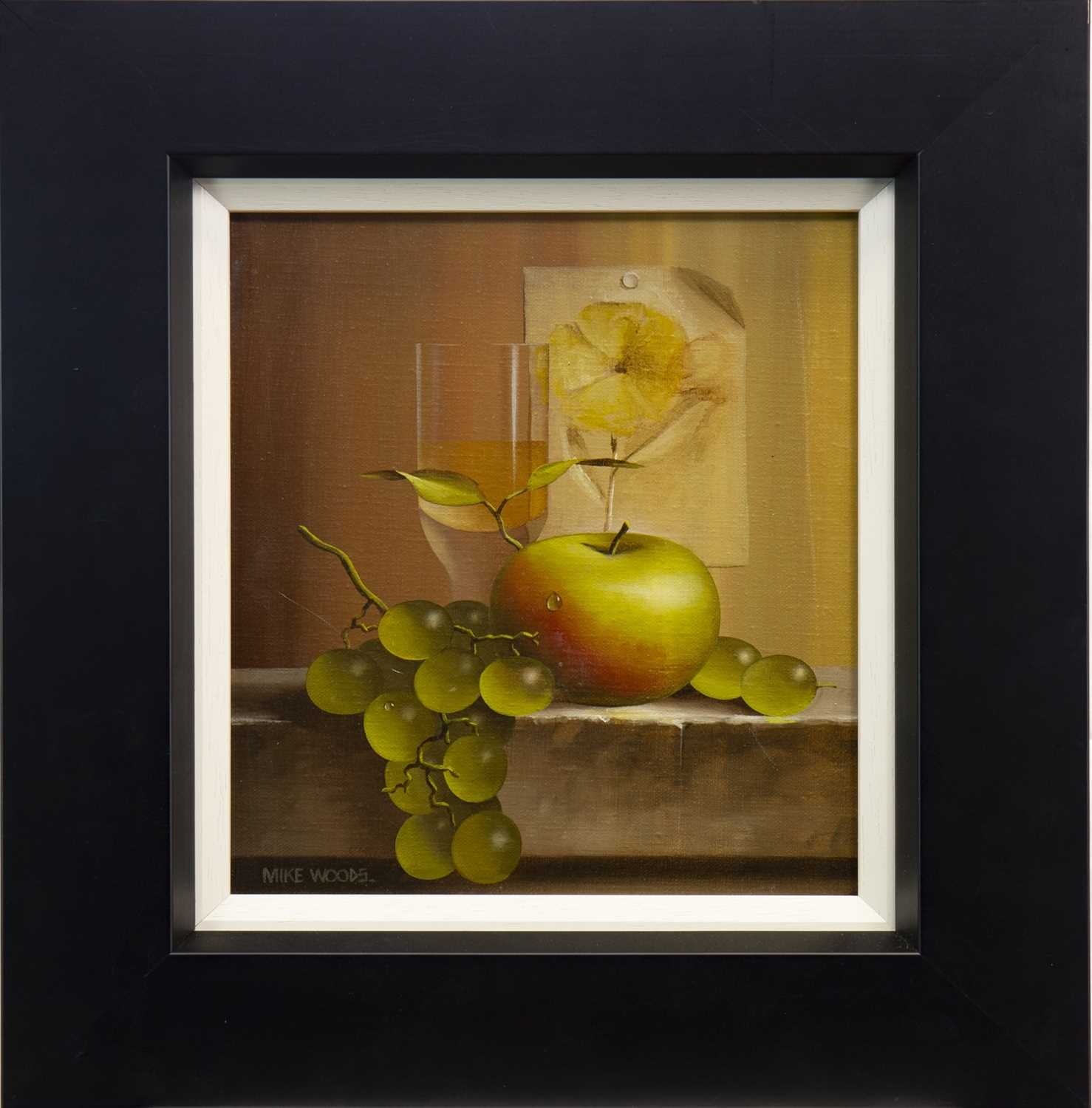 Lot 578 - STILL LIFE WITH APPLE AND GRAPES, AN OIL BY MIKE WOODS