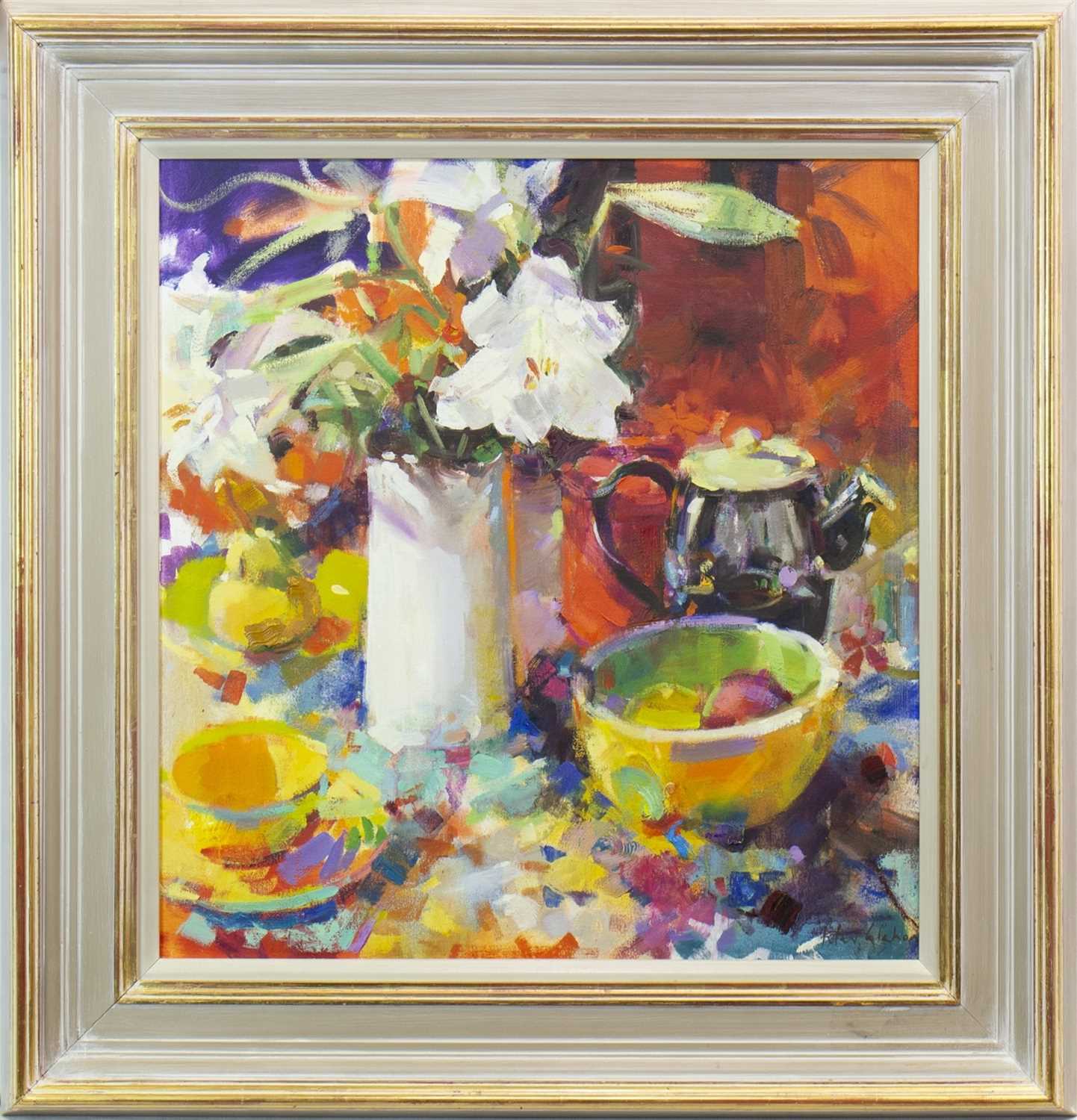 Lot 580 - DECORATIONS WITH FLOWERS, AN OIL BY PETER GRAHAM